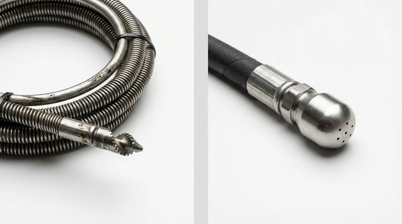 Drain snake cable and hydro jetting nozzle used for drain cleaning in Bellevue, IA