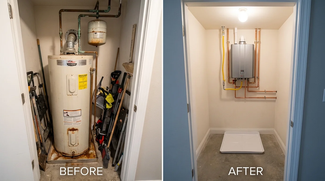 Tank water heater versus wall-mounted tankless unit comparison for Bellevue, IA homeowners
