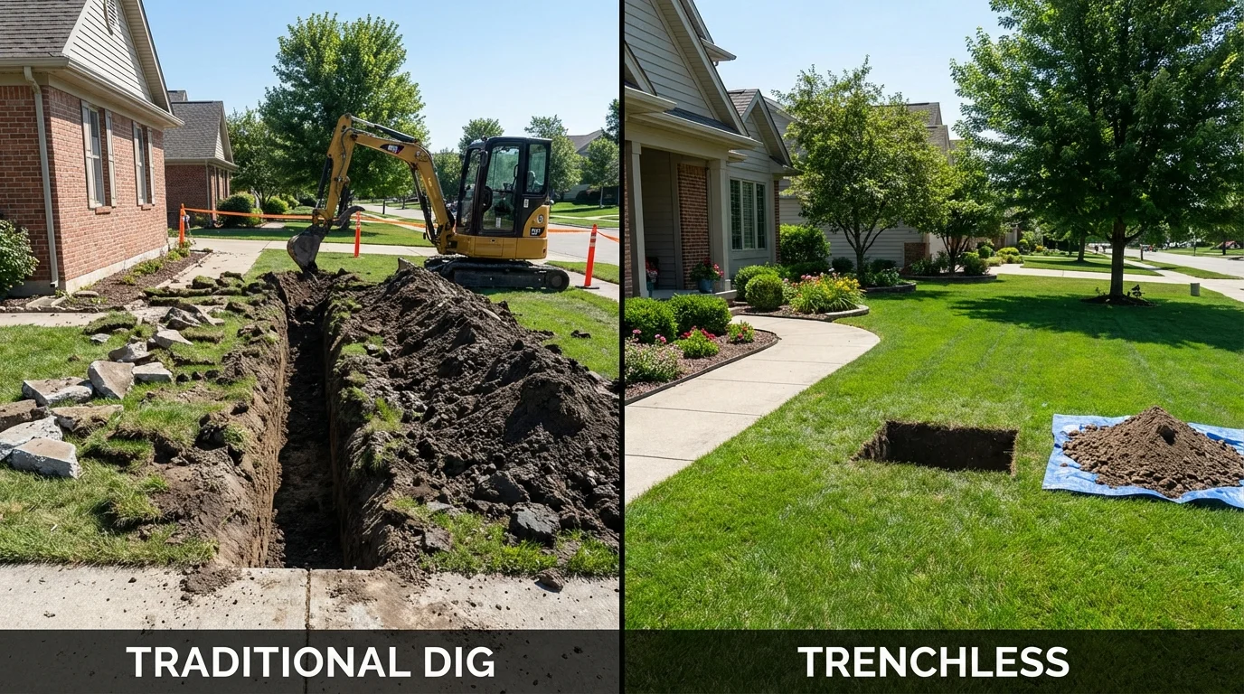 Trenchless sewer repair with minimal yard damage versus traditional excavation in Bellevue, IA