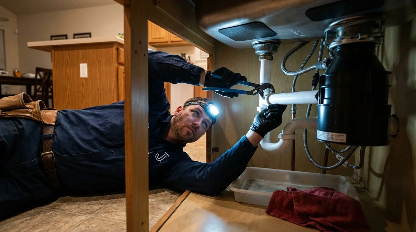 P-trap and supply line connections under a kitchen sink showing a common leak point in Bellevue, IA